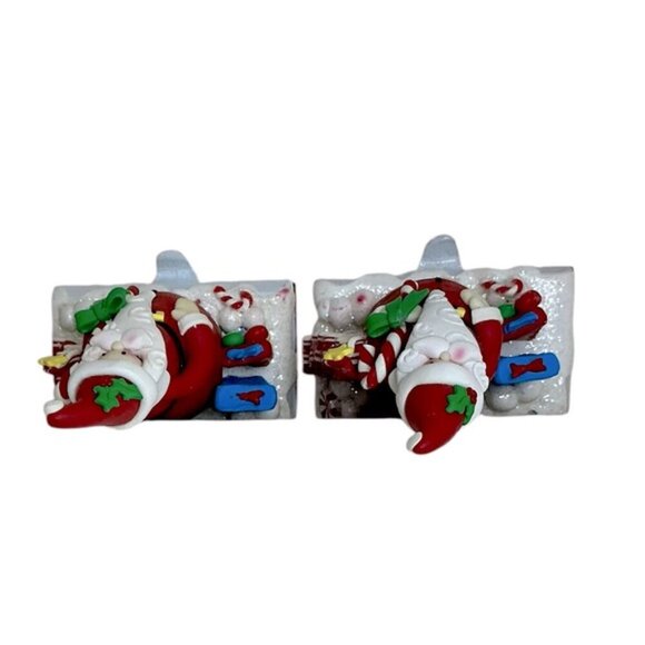 Vintage Cast Iron Stocking Holders Santa Clause Ribbon Candy Holiday Red 2 PC - Picture 7 of 15